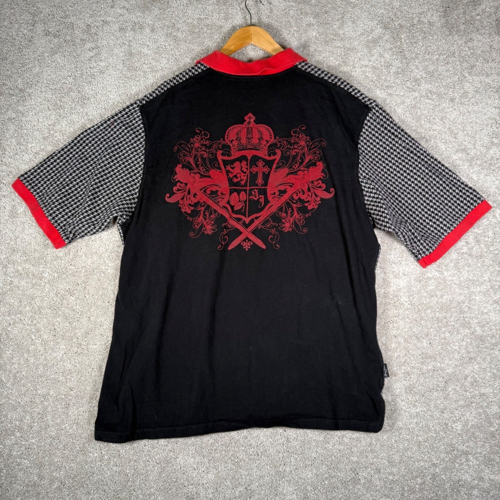 Sean John Men's XXXL‎ Polo Shirt Black Red Houndstooth Graphic Crest Y2K Cotton